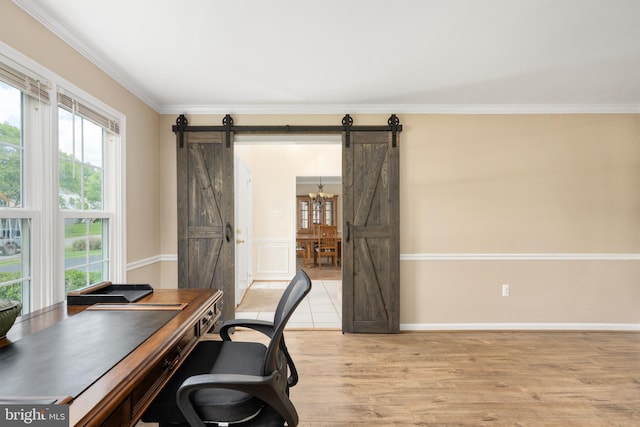 11 Ashbrook Rd, Stafford, VA 22554 - office area featuring a barn door, crown molding, light wood-style flooring, a chandelier, and baseboards