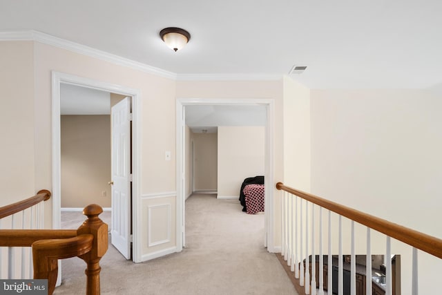 11 Ashbrook Rd, Stafford, VA 22554 - corridor featuring an upstairs landing, light carpet, and crown molding