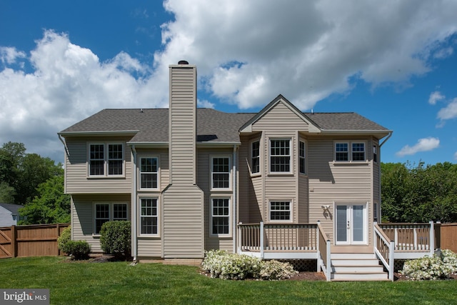 11 Ashbrook Rd, Stafford, VA 22554 - rear view of house with a deck, a chimney, roof with shingles, and french doors