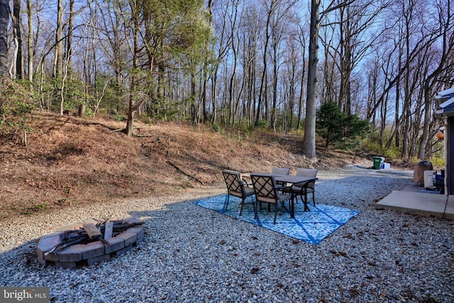 view of yard featuring a patio area and a fire pit