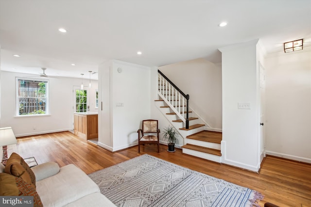 2858 S Abingdon St, Arlington, VA 22206 - living room featuring light wood-style flooring, stairway, baseboards, a ceiling fan, and recessed lighting