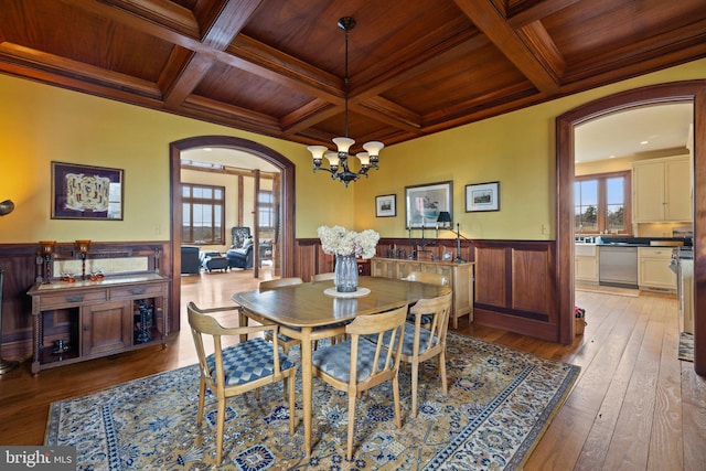 9425 Blackpond Ln, Delaplane, VA 20144 - dining room featuring wooden ceiling, coffered ceiling, wainscoting, beam ceiling, and a chandelier