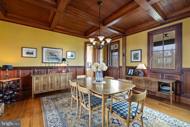 9425 Blackpond Ln, Delaplane, VA 20144 - dining area with wood ceiling, a wainscoted wall, a chandelier, coffered ceiling, and hardwood / wood-style floors
