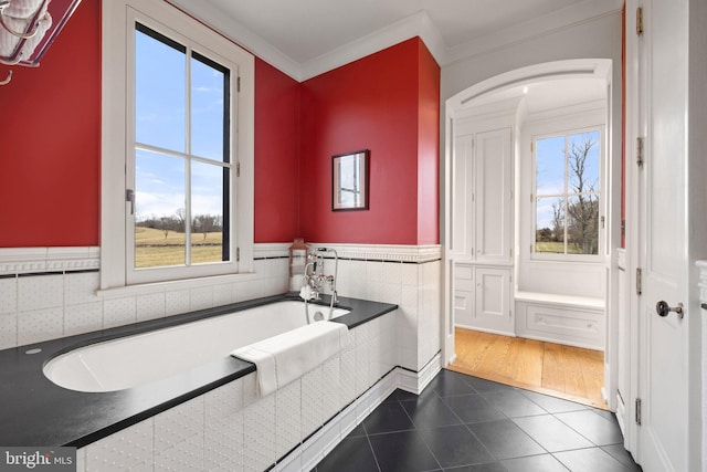 9425 Blackpond Ln, Delaplane, VA 20144 - full bath with tile patterned flooring, plenty of natural light, a bath, a wainscoted wall, and crown molding