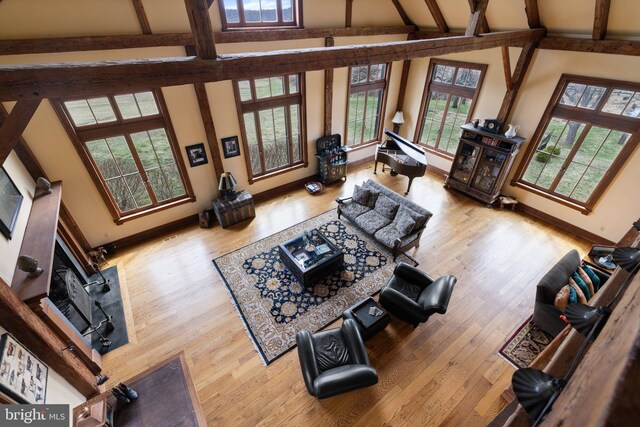 9425 Blackpond Ln, Delaplane, VA 20144 - living area with hardwood / wood-style floors, beam ceiling, baseboards, and high vaulted ceiling