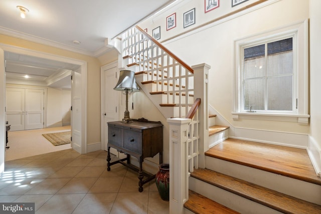 9425 Blackpond Ln, Delaplane, VA 20144 - stairs with ornamental molding, tile patterned flooring, and baseboards