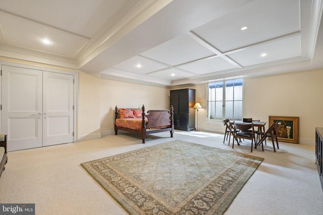 9425 Blackpond Ln, Delaplane, VA 20144 - living area with carpet, coffered ceiling, recessed lighting, crown molding, and baseboards