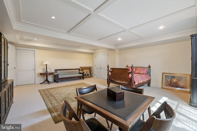 9425 Blackpond Ln, Delaplane, VA 20144 - living room featuring light colored carpet, crown molding, recessed lighting, baseboards, and coffered ceiling