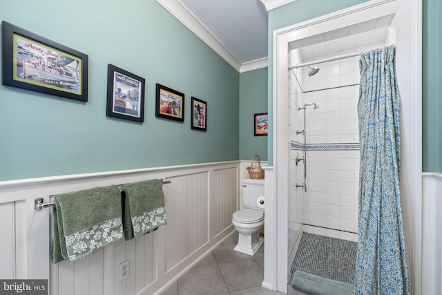 9425 Blackpond Ln, Delaplane, VA 20144 - full bath with a wainscoted wall, a shower stall, tile patterned flooring, ornamental molding, and toilet