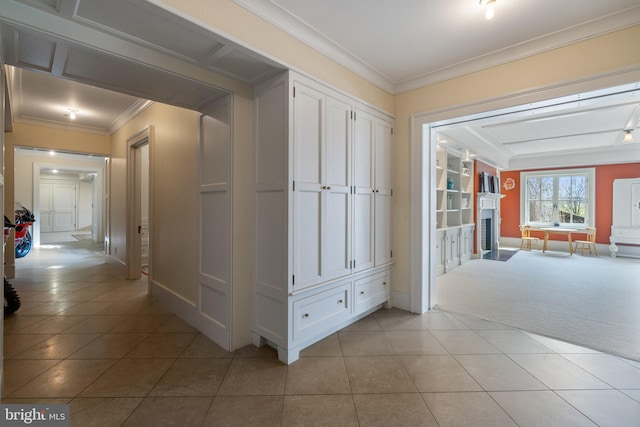 9425 Blackpond Ln, Delaplane, VA 20144 - corridor with light tile patterned flooring, crown molding, light colored carpet, and baseboards