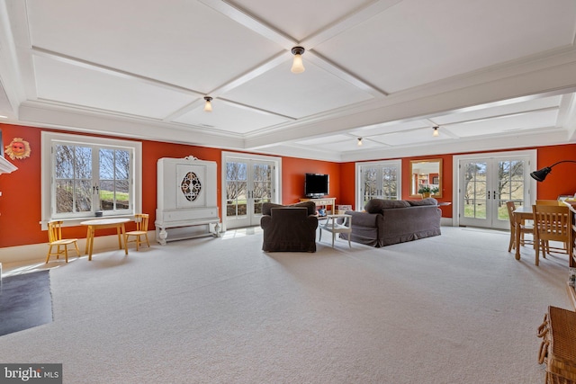 9425 Blackpond Ln, Delaplane, VA 20144 - living room with carpet floors, coffered ceiling, french doors, plenty of natural light, and beam ceiling