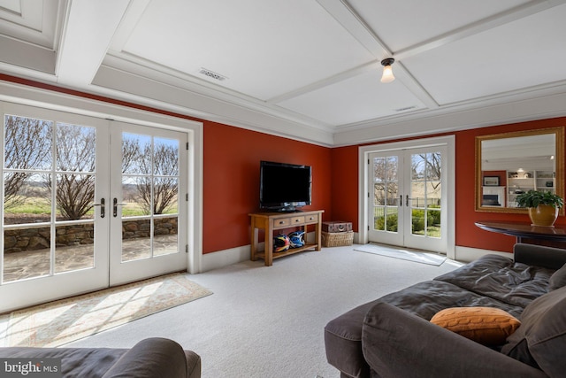 9425 Blackpond Ln, Delaplane, VA 20144 - living room featuring french doors, coffered ceiling, carpet, and baseboards