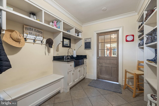 9425 Blackpond Ln, Delaplane, VA 20144 - mudroom with a sink, tile patterned floors, and crown molding