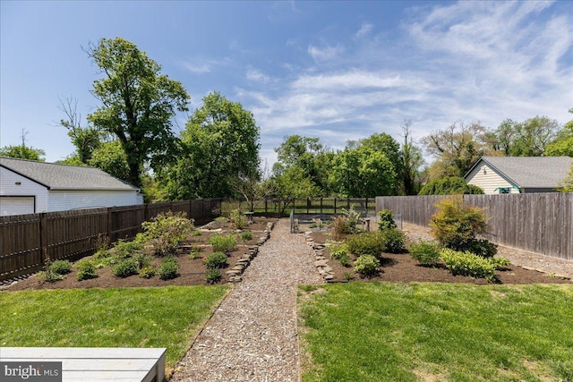 view of yard with a fenced backyard and a vegetable garden