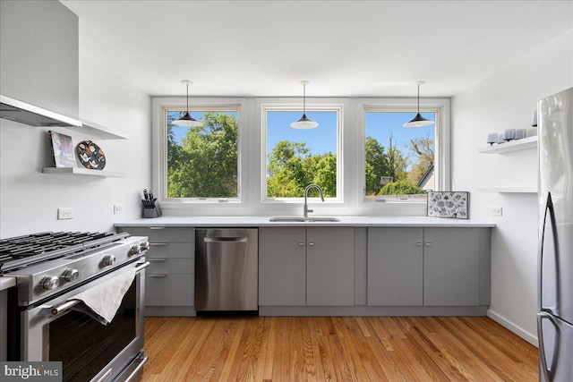 kitchen featuring a sink, appliances with stainless steel finishes, gray cabinets, and open shelves