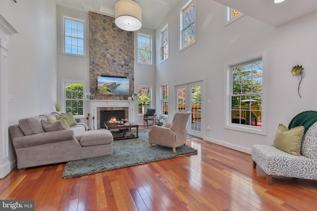 living room featuring baseboards, a stone fireplace, and hardwood / wood-style flooring