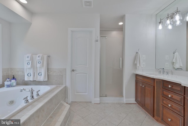 bathroom with visible vents, a tub with jets, a shower stall, vanity, and tile patterned flooring