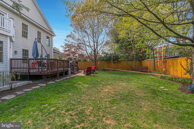 view of yard with a fenced backyard and a wooden deck