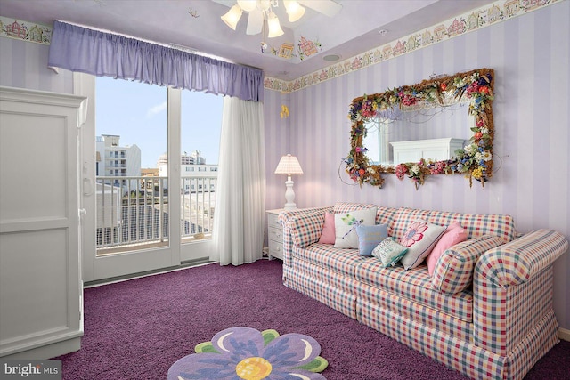 12201 Wight St Unit 301, Ocean City, MD 21842 - living area with a ceiling fan, wallpapered walls, and carpet floors
