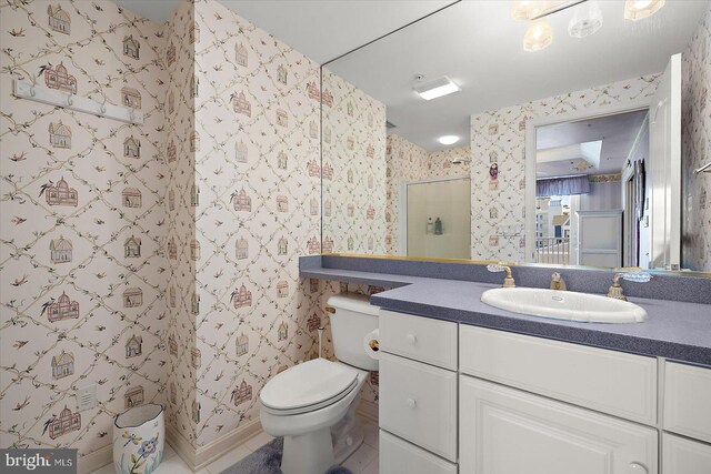 12201 Wight St Unit 301, Ocean City, MD 21842 - full bath with wallpapered walls, a shower stall, toilet, and vanity