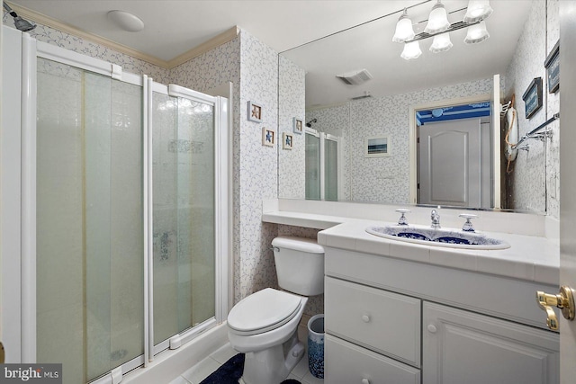 12201 Wight St Unit 301, Ocean City, MD 21842 - bathroom with vanity, toilet, a stall shower, visible vents, and wallpapered walls