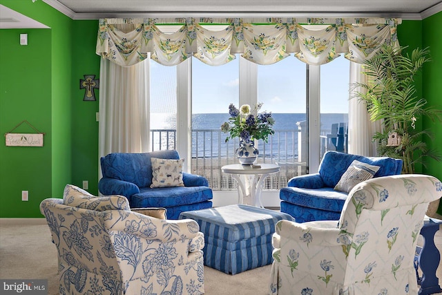 12201 Wight St Unit 301, Ocean City, MD 21842 - carpeted living area featuring ornamental molding and a water view