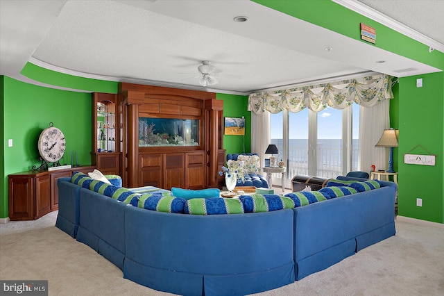 12201 Wight St Unit 301, Ocean City, MD 21842 - living area featuring ceiling fan, crown molding, carpet flooring, and a water view