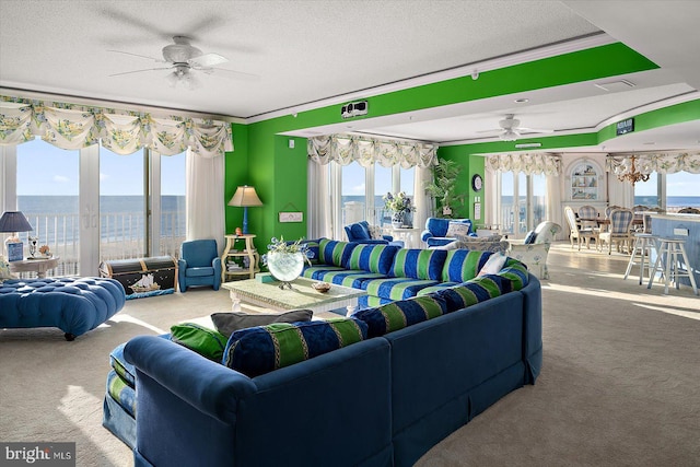 12201 Wight St Unit 301, Ocean City, MD 21842 - living room with carpet flooring, a textured ceiling, ceiling fan, and a water view