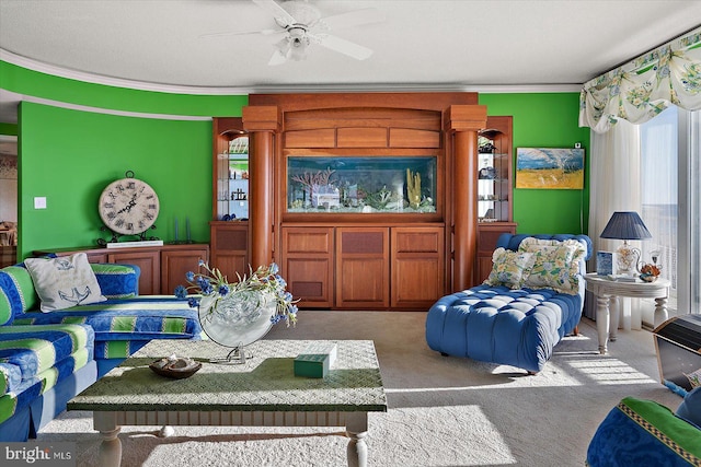 12201 Wight St Unit 301, Ocean City, MD 21842 - living area featuring ceiling fan, crown molding, and carpet