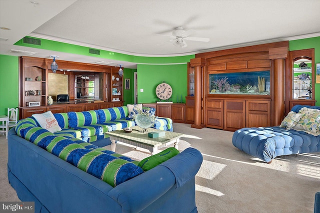 12201 Wight St Unit 301, Ocean City, MD 21842 - living area featuring carpet, visible vents, a ceiling fan, and ornamental molding