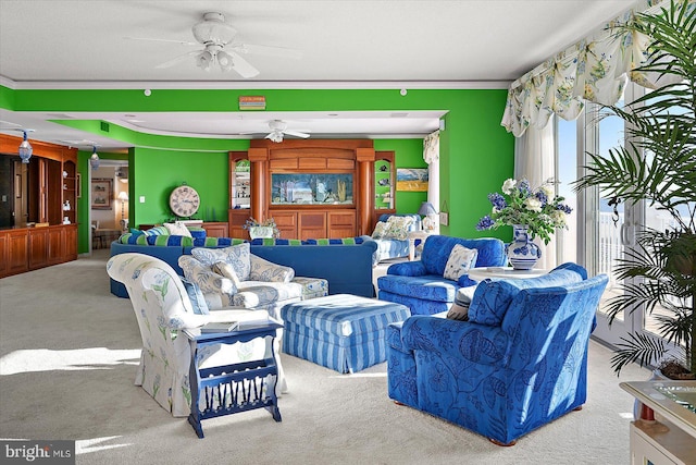 12201 Wight St Unit 301, Ocean City, MD 21842 - living area featuring ornamental molding, a ceiling fan, and carpet flooring