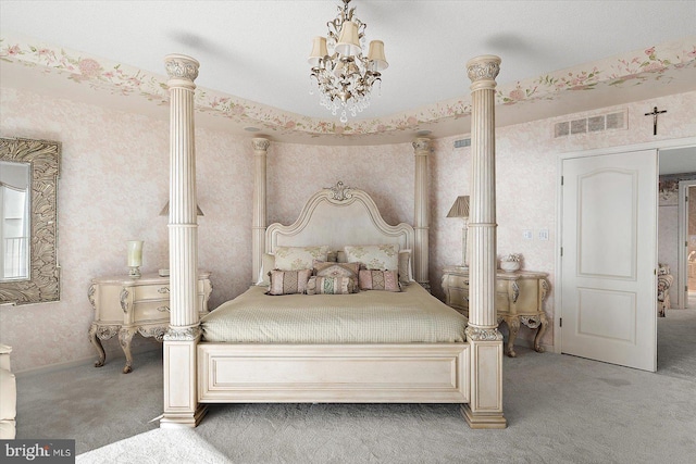 12201 Wight St Unit 301, Ocean City, MD 21842 - bedroom with a notable chandelier, visible vents, wallpapered walls, and light colored carpet