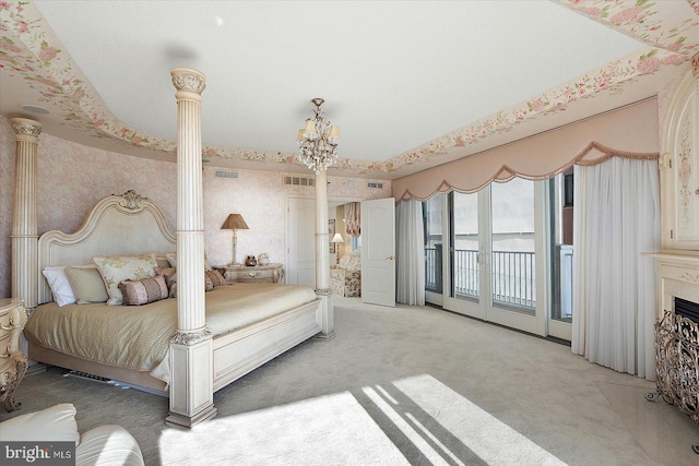 12201 Wight St Unit 301, Ocean City, MD 21842 - bedroom featuring wallpapered walls, visible vents, access to outside, and light colored carpet
