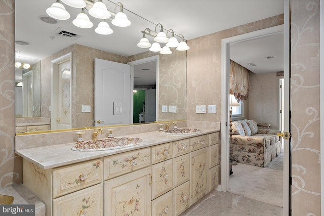 12201 Wight St Unit 301, Ocean City, MD 21842 - full bathroom with wallpapered walls, ensuite bath, double vanity, and a sink