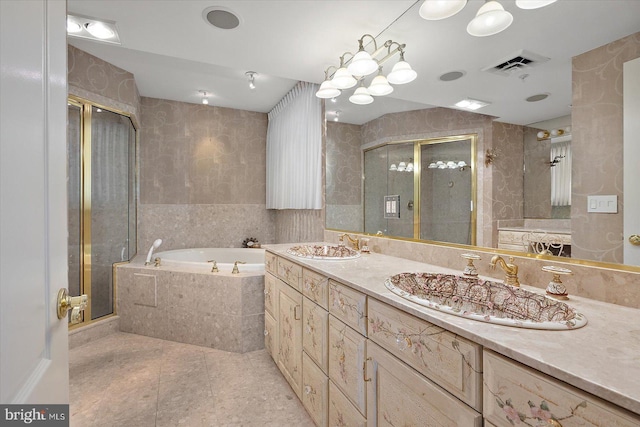 12201 Wight St Unit 301, Ocean City, MD 21842 - bathroom featuring a shower stall, double vanity, visible vents, tile patterned floors, and a garden tub