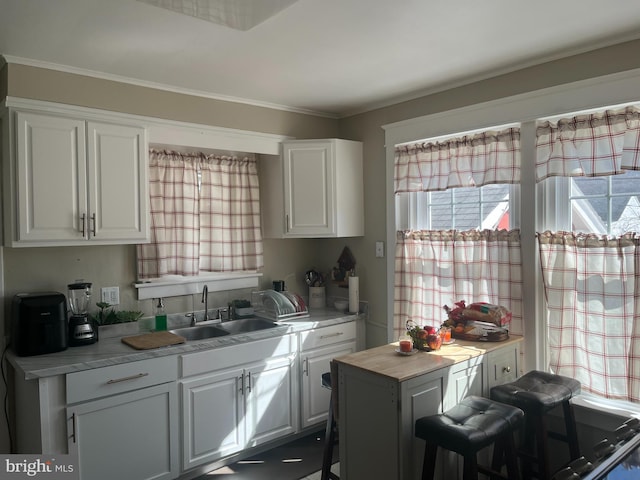 kitchen featuring white cabinetry, light countertops, ornamental molding, and a sink