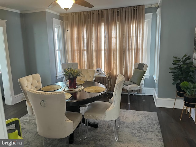 dining room with a wealth of natural light, crown molding, and wood finished floors