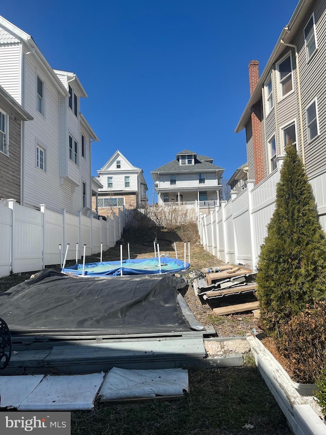 view of swimming pool with a fenced backyard and a residential view