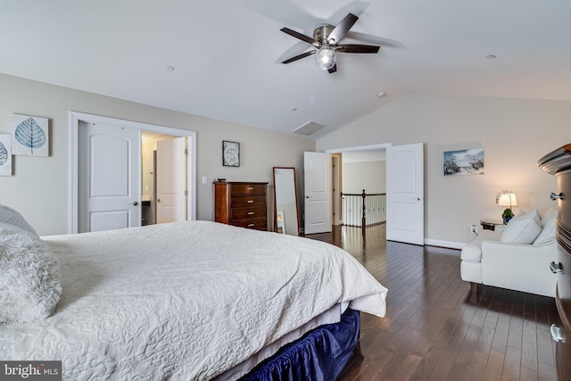 bedroom featuring baseboards, ceiling fan, vaulted ceiling, and dark wood-style flooring