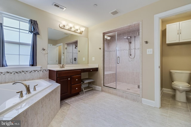 full bath featuring tile patterned flooring, a shower stall, a bath, and visible vents