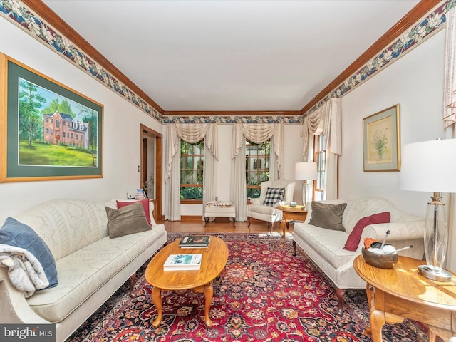 living room featuring ornamental molding and wood finished floors