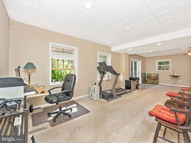 interior space with carpet flooring, baseboards, and recessed lighting