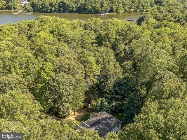 drone / aerial view featuring a water view and a forest view