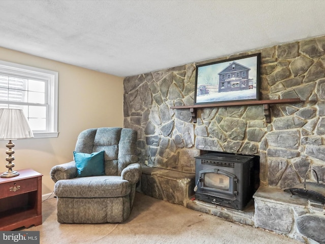 202 Glade Blvd, Walkersville, MD 21793 - interior space with carpet flooring, a textured ceiling, and a wood stove