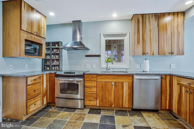 2801 Riva Rd, Annapolis, MD 21401 - kitchen featuring wall chimney exhaust hood, stainless steel appliances, stone tile flooring, a sink, and light stone countertops