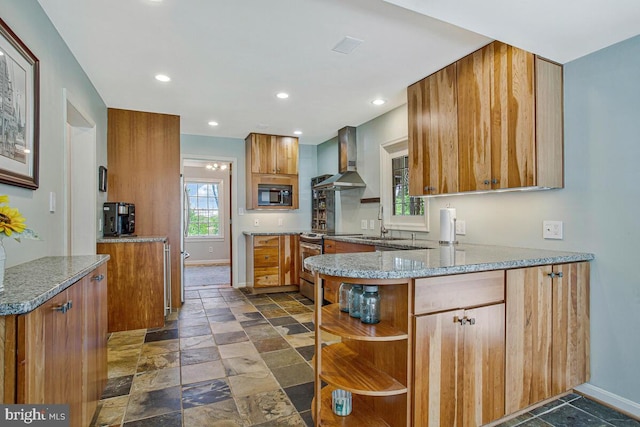2801 Riva Rd, Annapolis, MD 21401 - kitchen featuring brown cabinetry, wall chimney range hood, baseboards, and stainless steel appliances