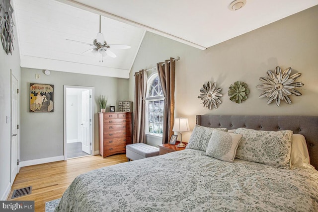 2801 Riva Rd, Annapolis, MD 21401 - bedroom featuring vaulted ceiling, baseboards, visible vents, a ceiling fan, and wood finished floors