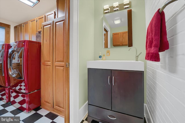 157 Hartswick Ave, State College, PA 16803 - bathroom with vanity, tile patterned floors, and washing machine and dryer