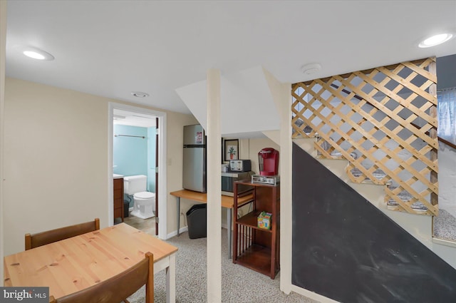 157 Hartswick Ave, State College, PA 16803 - bedroom with recessed lighting, connected bathroom, freestanding refrigerator, and baseboards