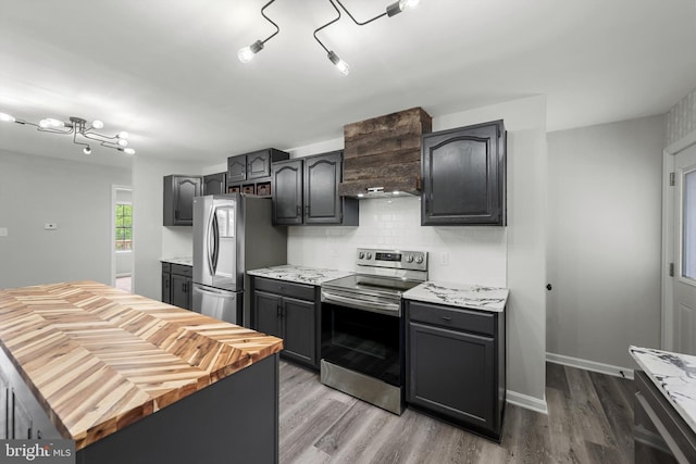 246 Locust Ln, Edinburg, VA 22824 - kitchen with a notable chandelier, butcher block countertops, wood finished floors, tasteful backsplash, and appliances with stainless steel finishes
